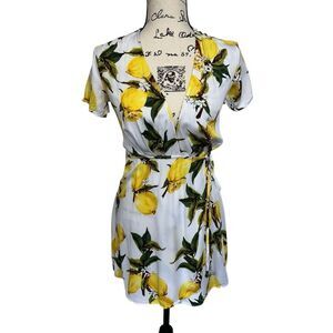 Lulu's A La Tarte White and Yellow Lemon Print Euro Summer Wrap Dress, XS